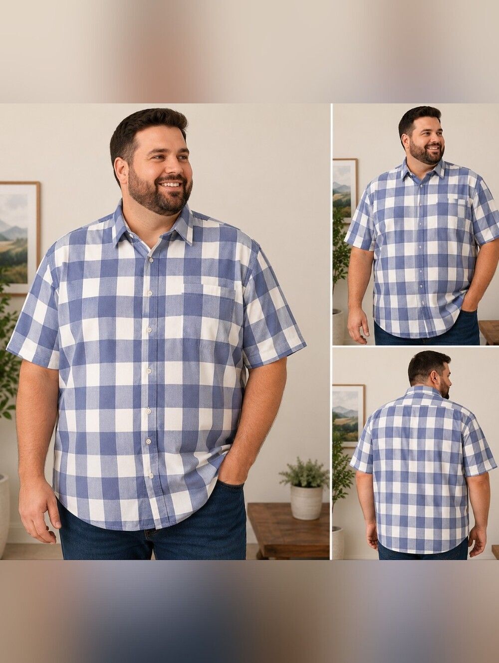 KingSize 2XL Big TallBlue White Plaid Button Up Shirt Cotton Casual Short Sleeve